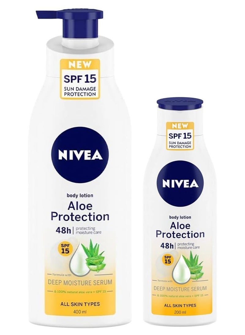 نيفيا لوشن نيفيا ألو بروتكشن بعامل حماية من الشمس 15، لوشن صيفي للجسم للرجال والنساء لجميع أنواع البشرة، 400 مل، ولوشن نيفيا للجسم، ألو بروتكشن بعامل حماية من الشمس 15، لوشن صيفي للجسم، للرجال والنساء، 200 مل، للبشرة العادية. - Image 1